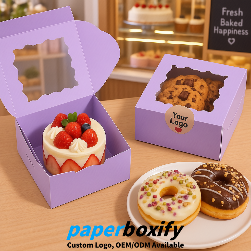 Lavender Paper Cookie Boxes with Window and Stickers 4x4x2.5 inch
