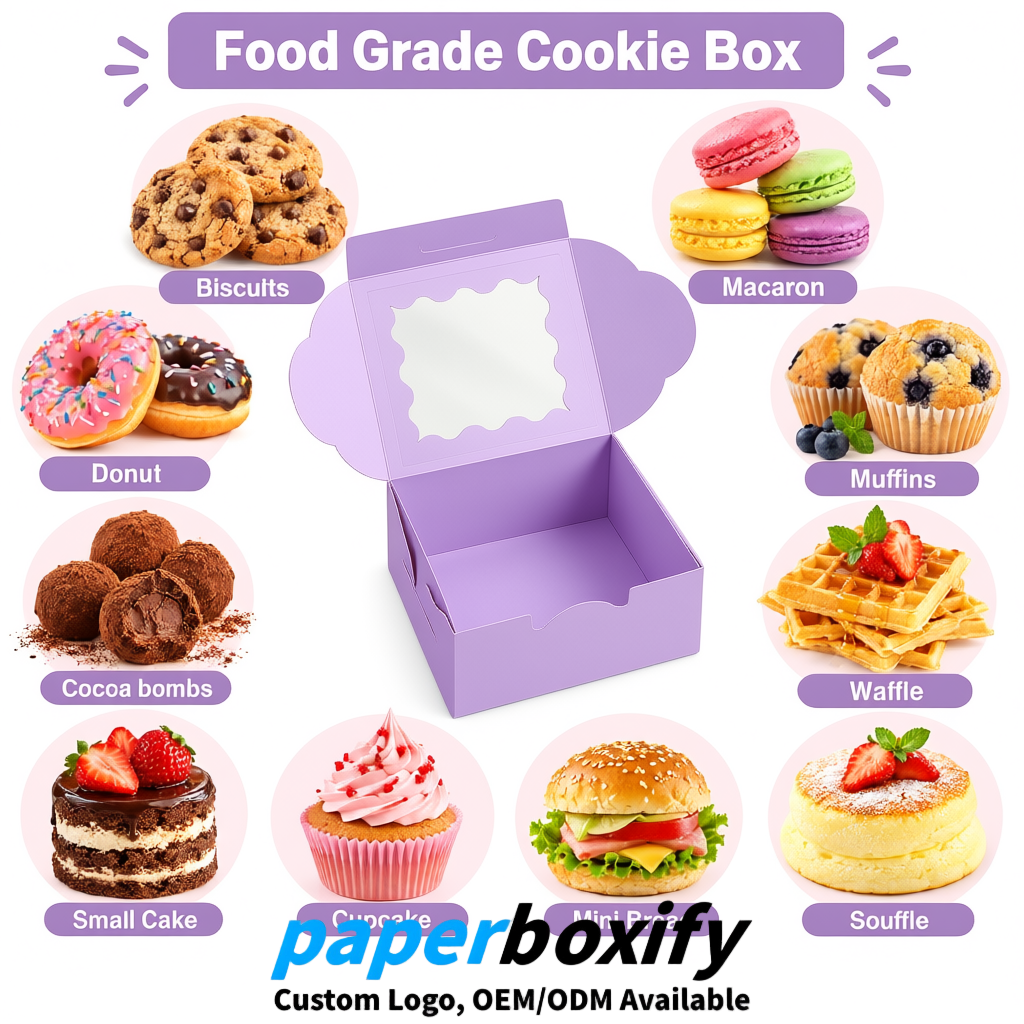 Lavender Paper Cookie Boxes with Window and Stickers 4x4x2.5 inch