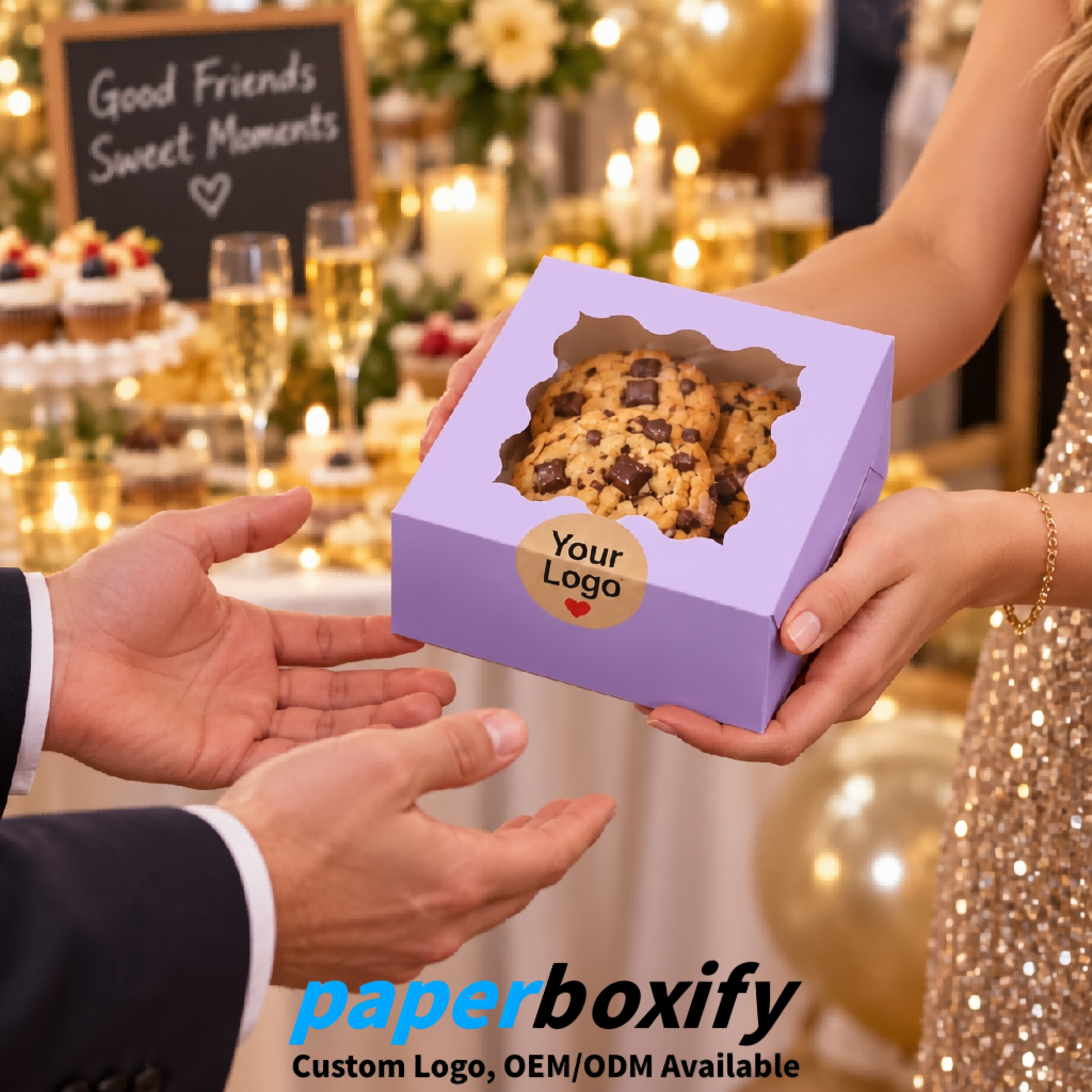 Lavender Paper Cookie Boxes with Window and Stickers 4x4x2.5 inch