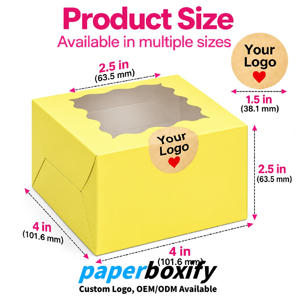 Lemon Yellow Paper Cookie Boxes with Window and Stickers 4x4x2.5 inch