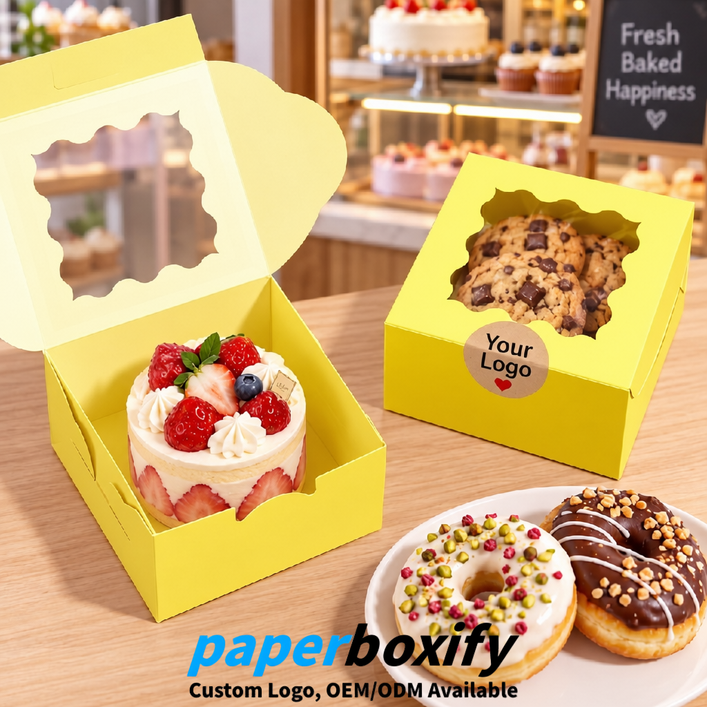 Lemon Yellow Paper Cookie Boxes with Window and Stickers 4x4x2.5 inch