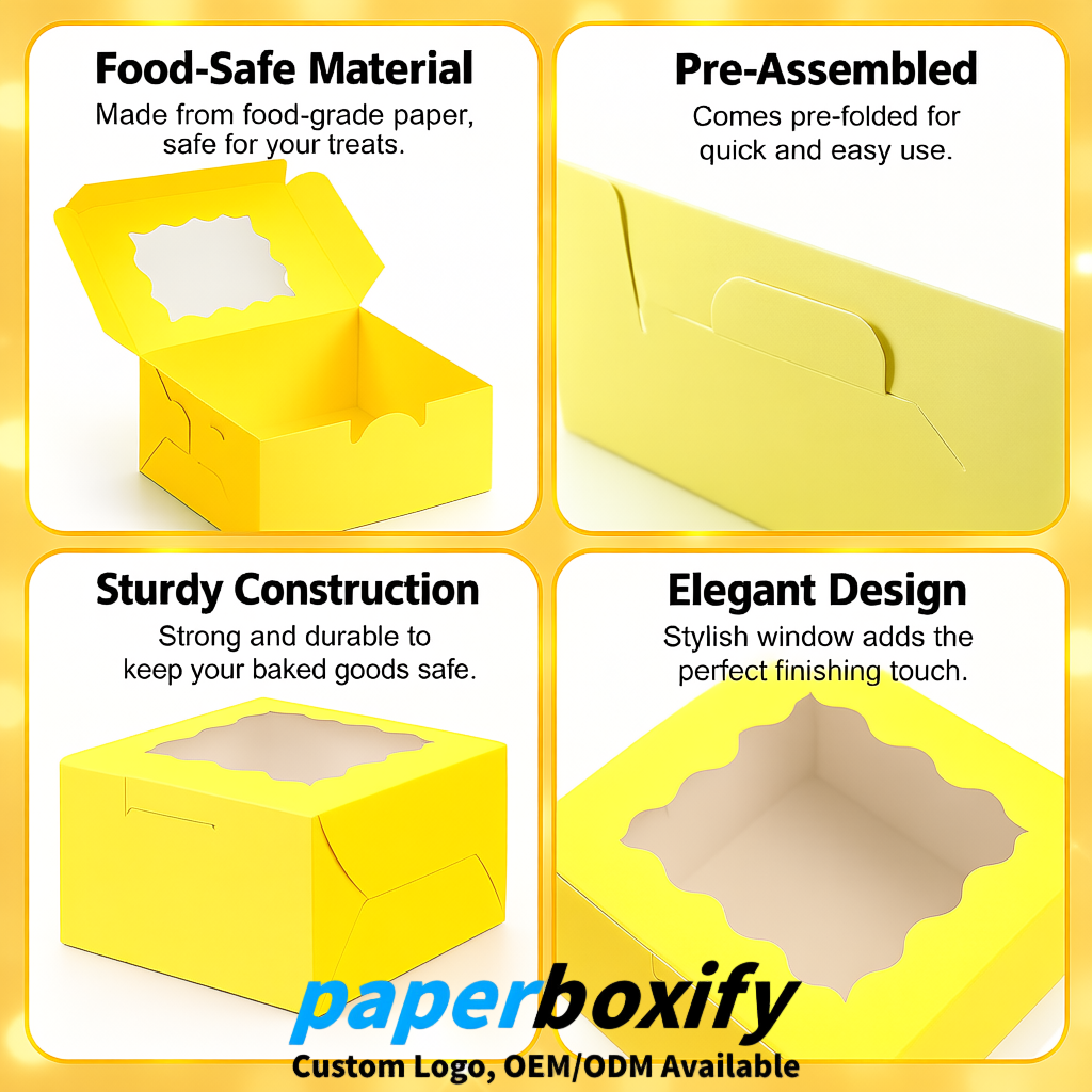 Lemon Yellow Paper Cookie Boxes with Window and Stickers 4x4x2.5 inch