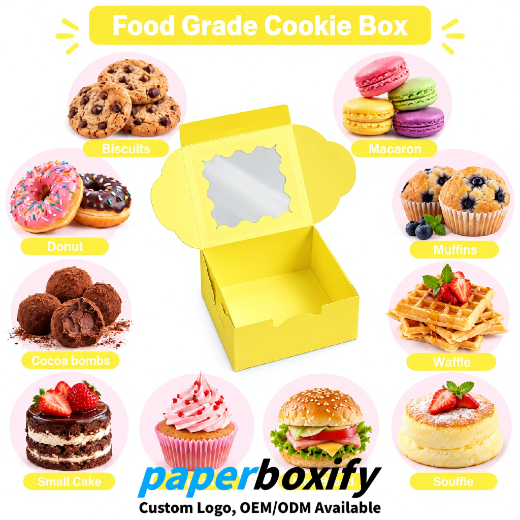 Lemon Yellow Paper Cookie Boxes with Window and Stickers 4x4x2.5 inch Lemon Yellow Paper Cookie Boxes with Window and Stickers 4x4x2.5 inch