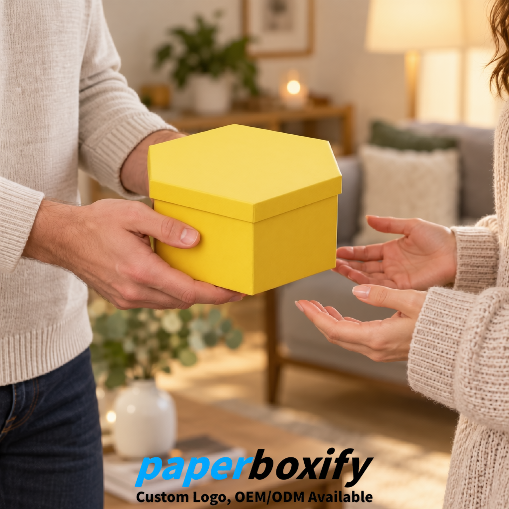 Lemon Yellow Paper Hexagon Box with Lid - Biodegrade Paper Mache Gift Boxes Manufacturer