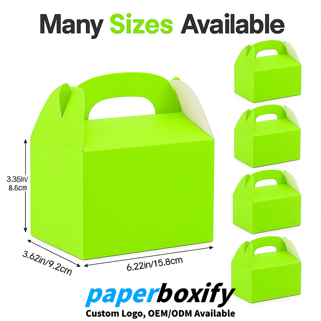 Lime Green Gable Boxes with Handles 6.22x3.35x3.62 inch Kraft Paper Party Favors Boxes in Bulk