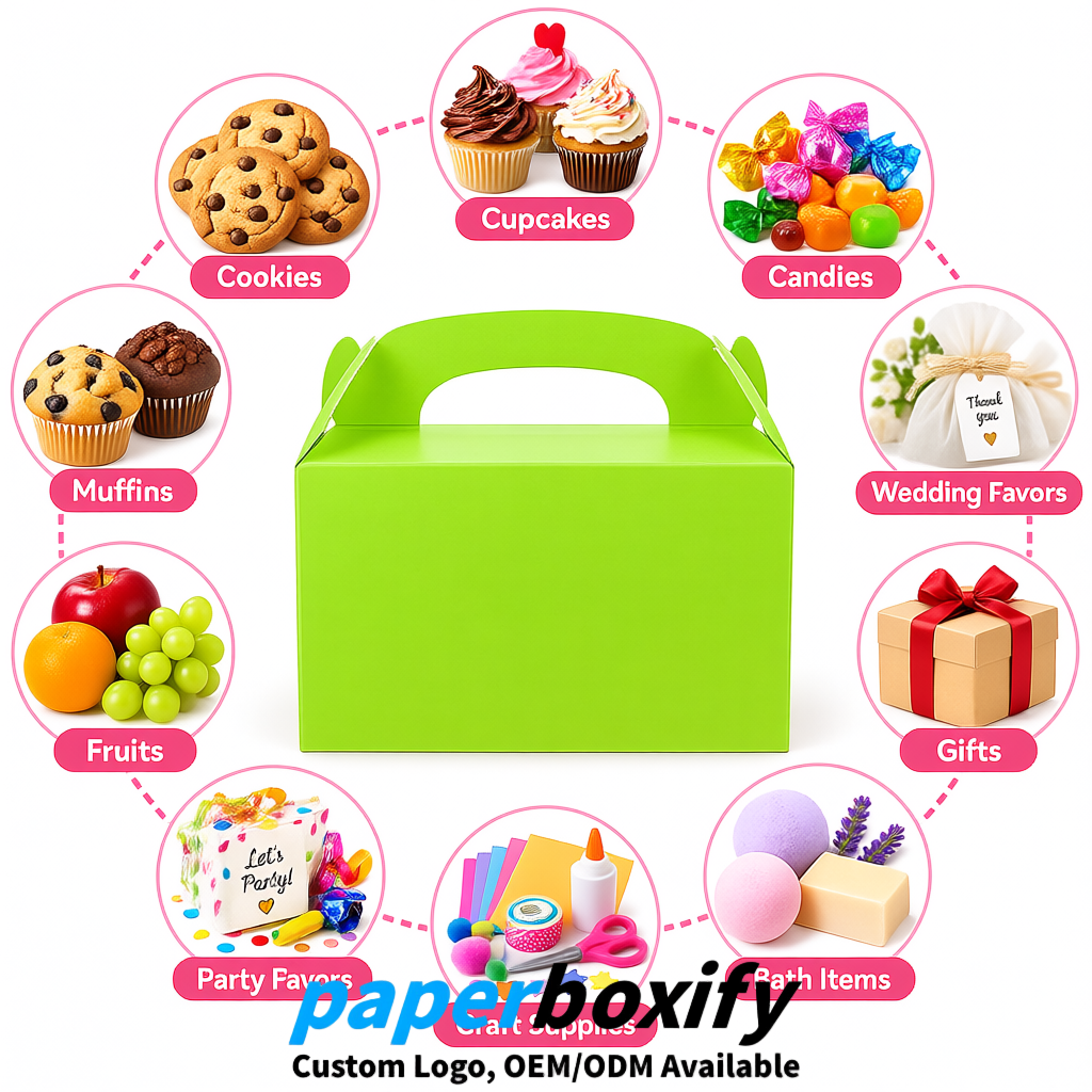 Lime Green Gable Boxes with Handles 6.22x3.35x3.62 inch Kraft Paper Party Favors Boxes in Bulk