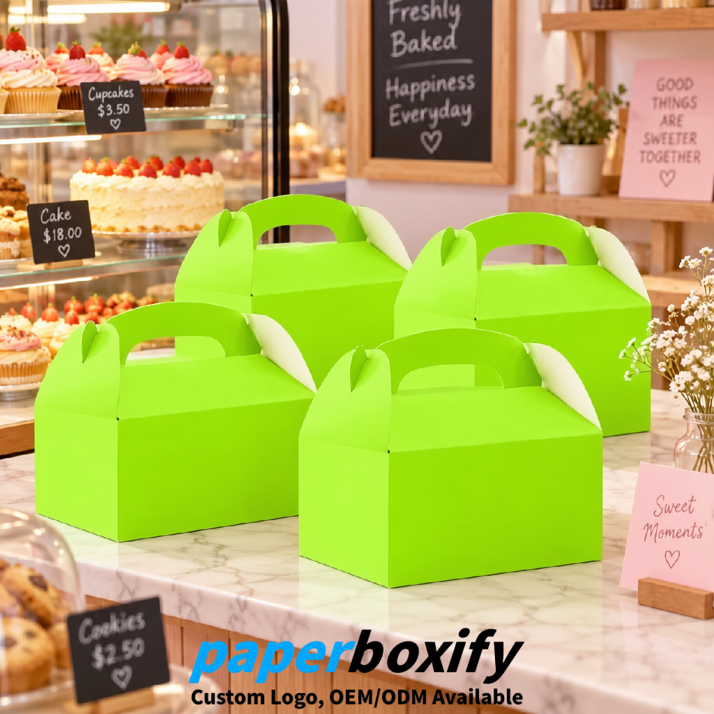 Lime Green Gable Boxes with Handles 6.22x3.35x3.62 inch Kraft Paper Party Favors Boxes in Bulk