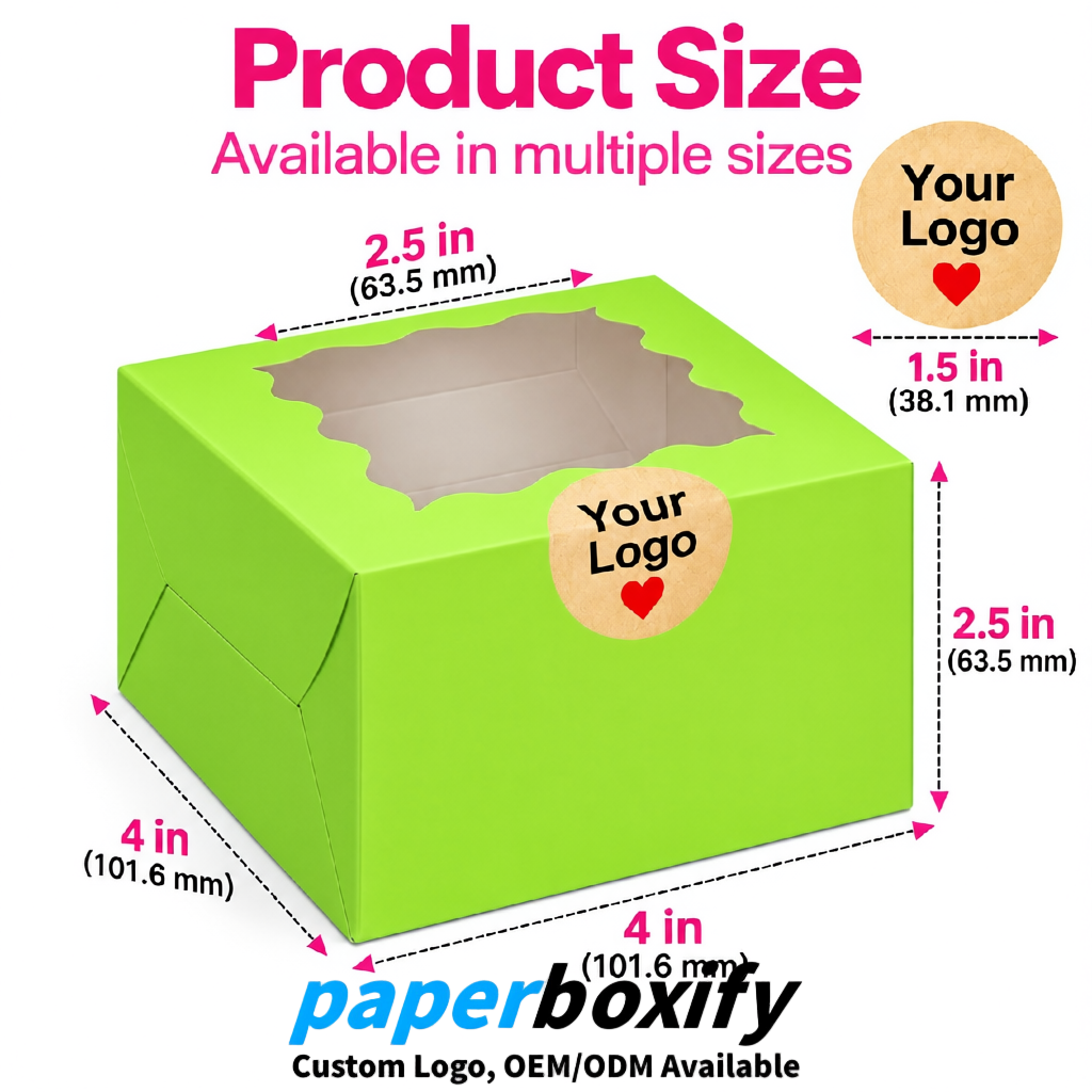 Lime Green Paper Cookie Boxes with Window and Stickers 4x4x2.5 inch
