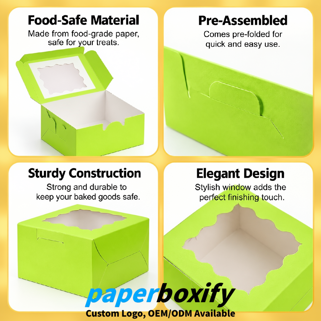 Lime Green Paper Cookie Boxes with Window and Stickers 4x4x2.5 inch