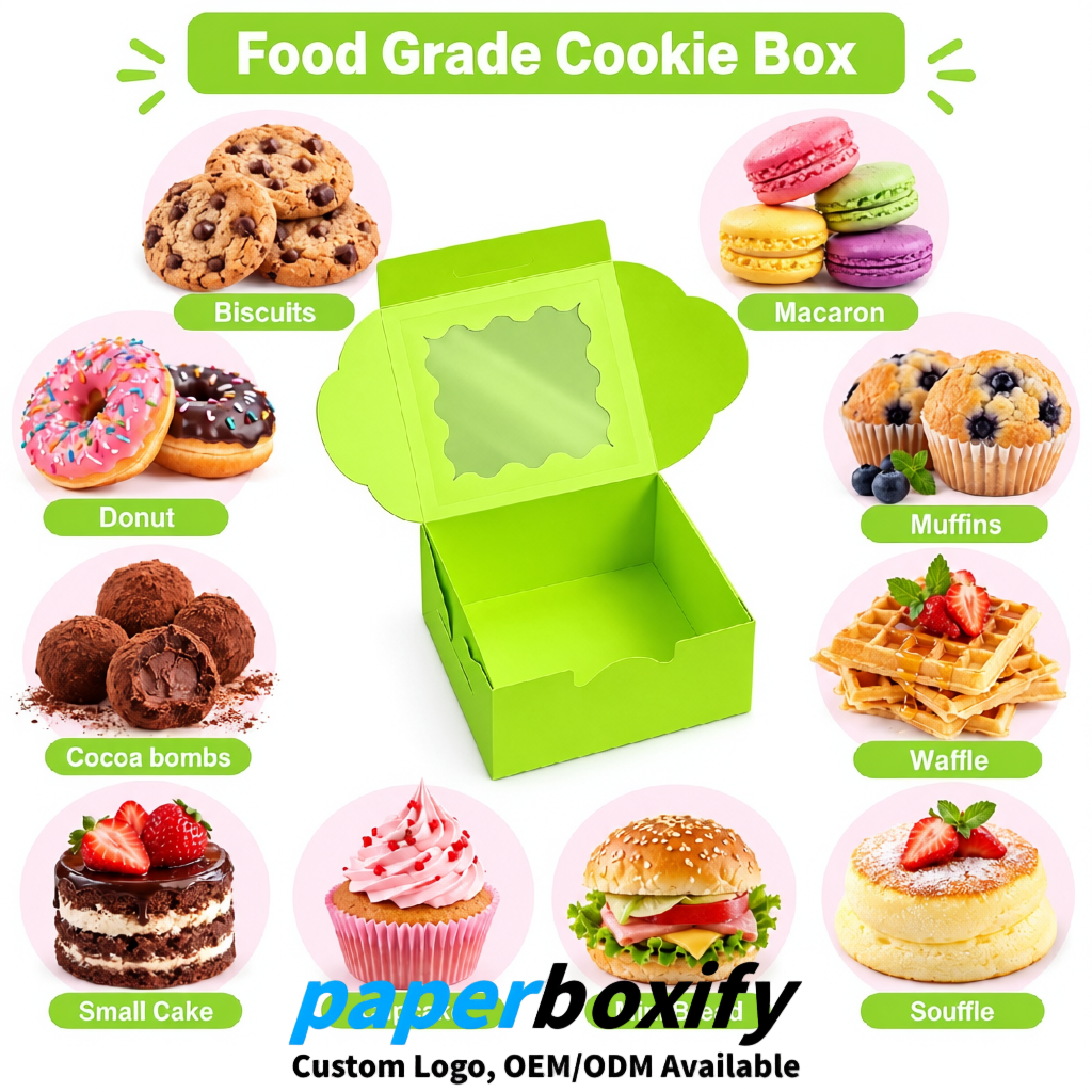 Lime Green Paper Cookie Boxes with Window and Stickers 4x4x2.5 inch