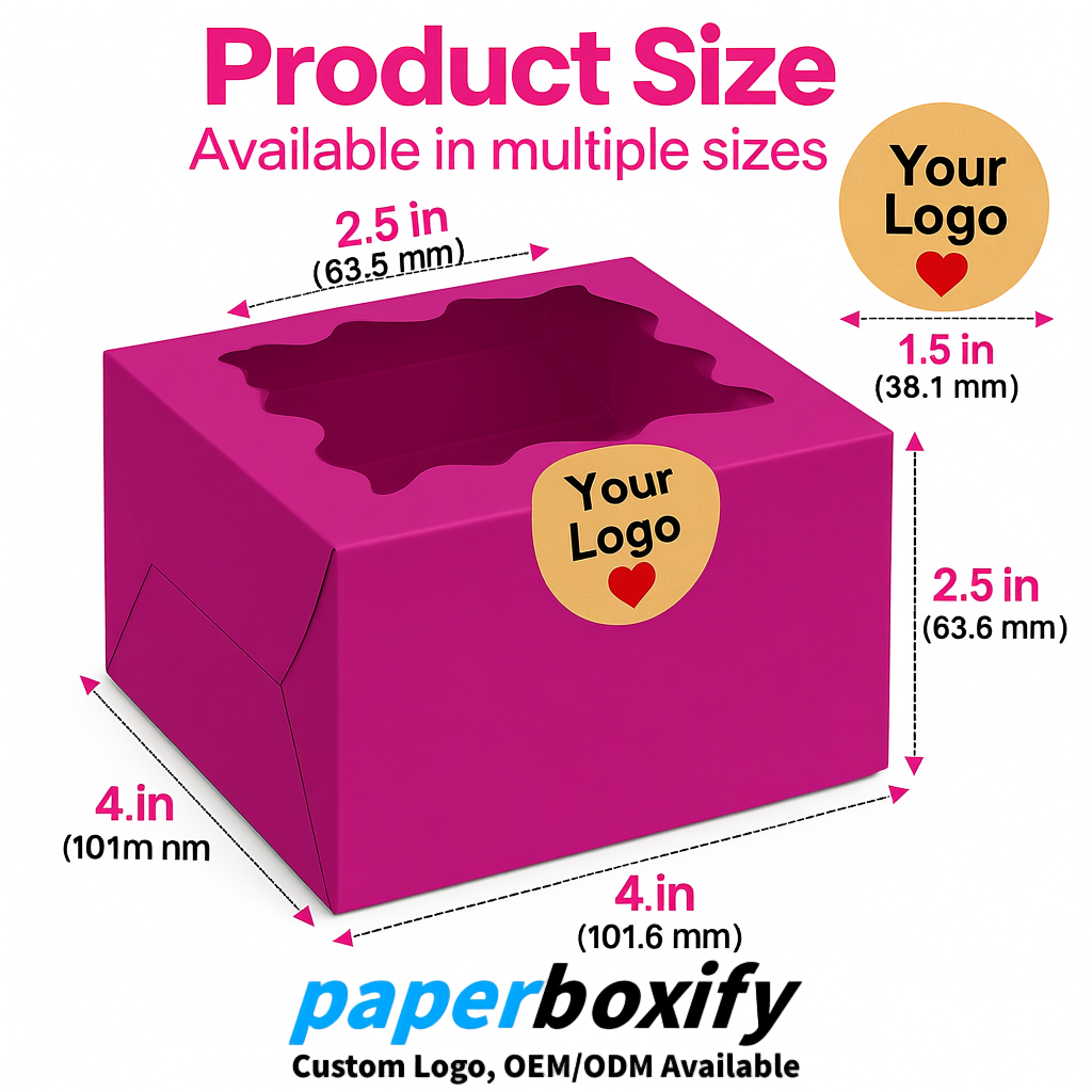 Magenta Paper Cookie Boxes with Window and Stickers 4x4x2.5 inch