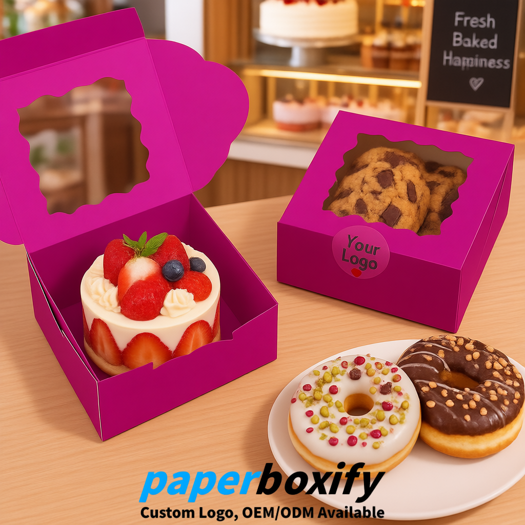 Magenta Paper Cookie Boxes with Window and Stickers 4x4x2.5 inch