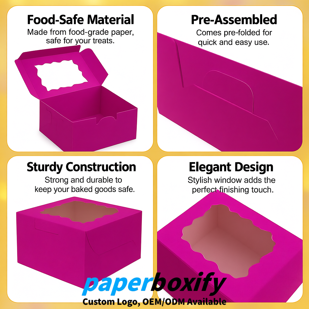 Magenta Paper Cookie Boxes with Window and Stickers 4x4x2.5 inch