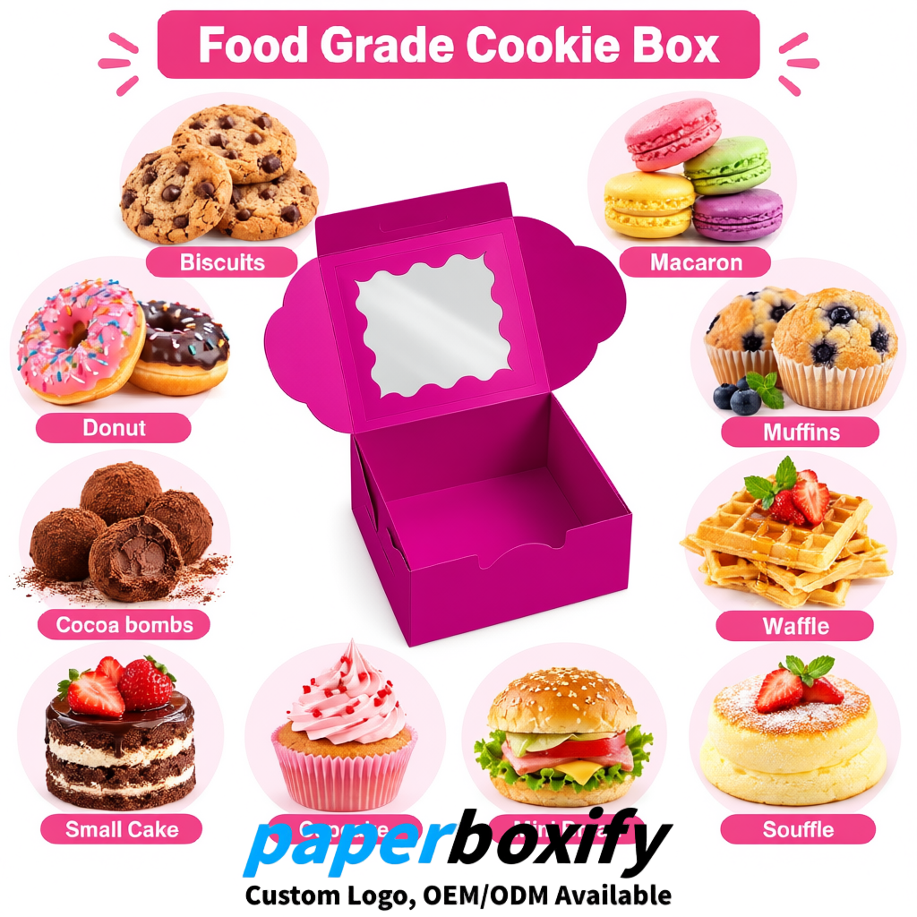 Magenta Paper Cookie Boxes with Window and Stickers 4x4x2.5 inch