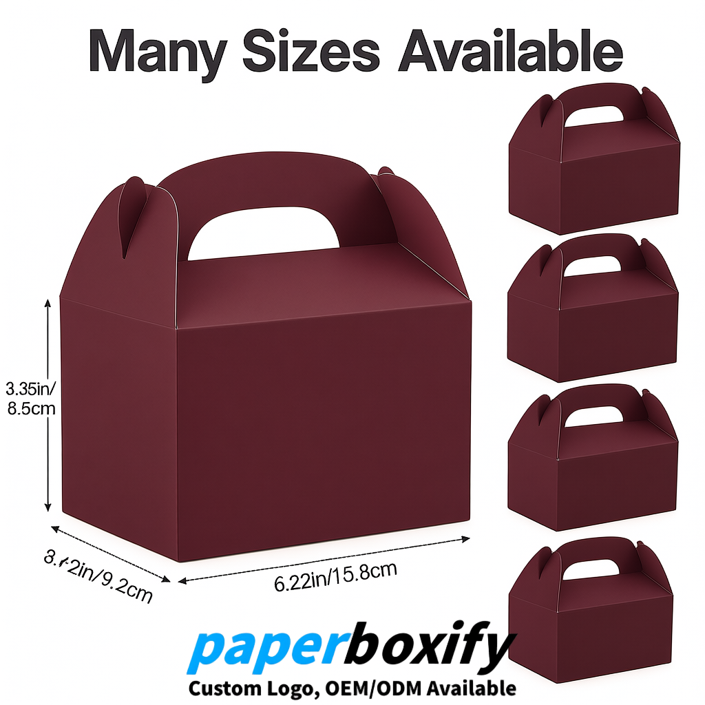 Maroon Gable Boxes with Handles 6.22x3.35x3.62 inch Kraft Paper Party Favors Boxes in Bulk