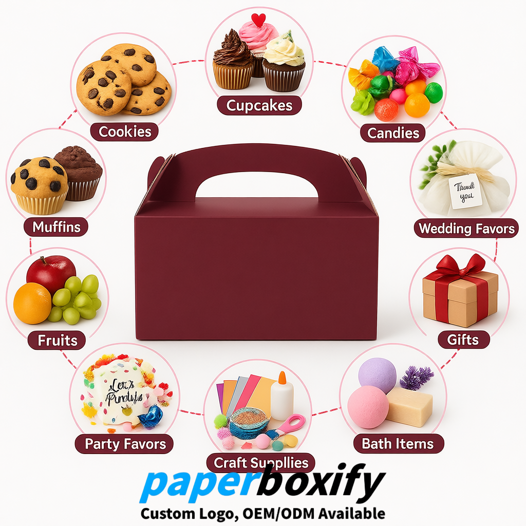 Maroon Gable Boxes with Handles 6.22x3.35x3.62 inch Kraft Paper Party Favors Boxes in Bulk