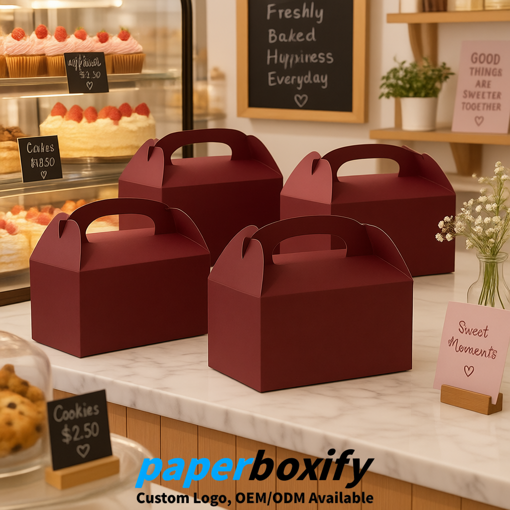 Maroon Gable Boxes with Handles 6.22x3.35x3.62 inch Kraft Paper Party Favors Boxes in Bulk