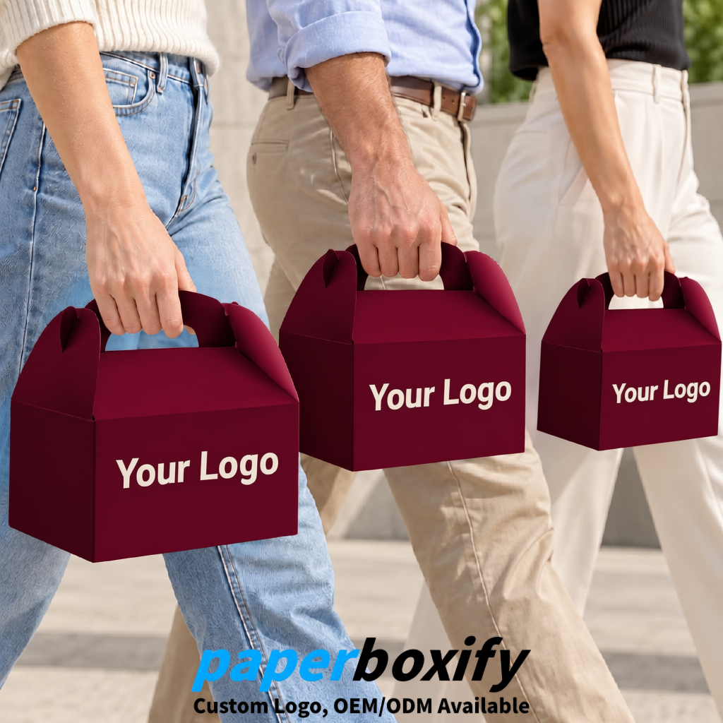 Maroon Gable Boxes with Handles 6.22x3.35x3.62 inch Kraft Paper Party Favors Boxes in Bulk