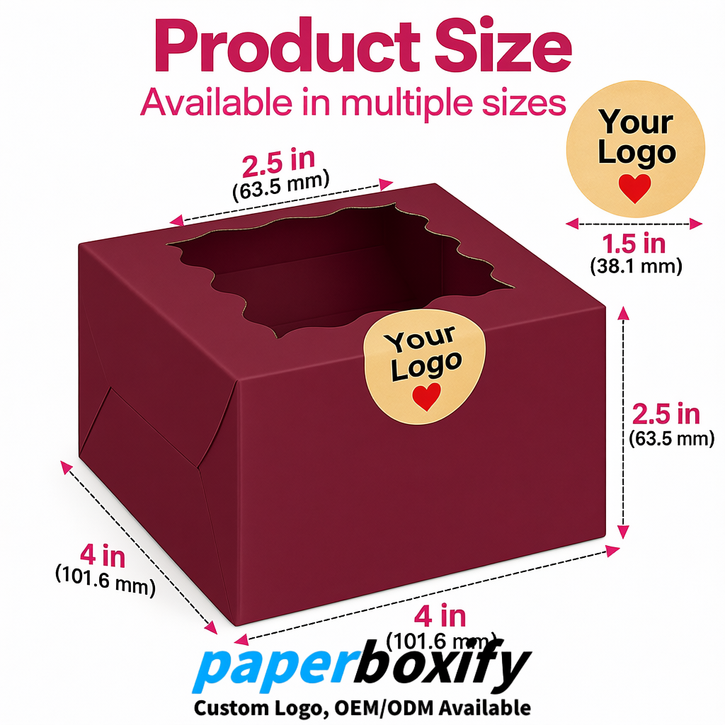 Maroon Paper Cookie Boxes with Window and Stickers 4x4x2.5 inch