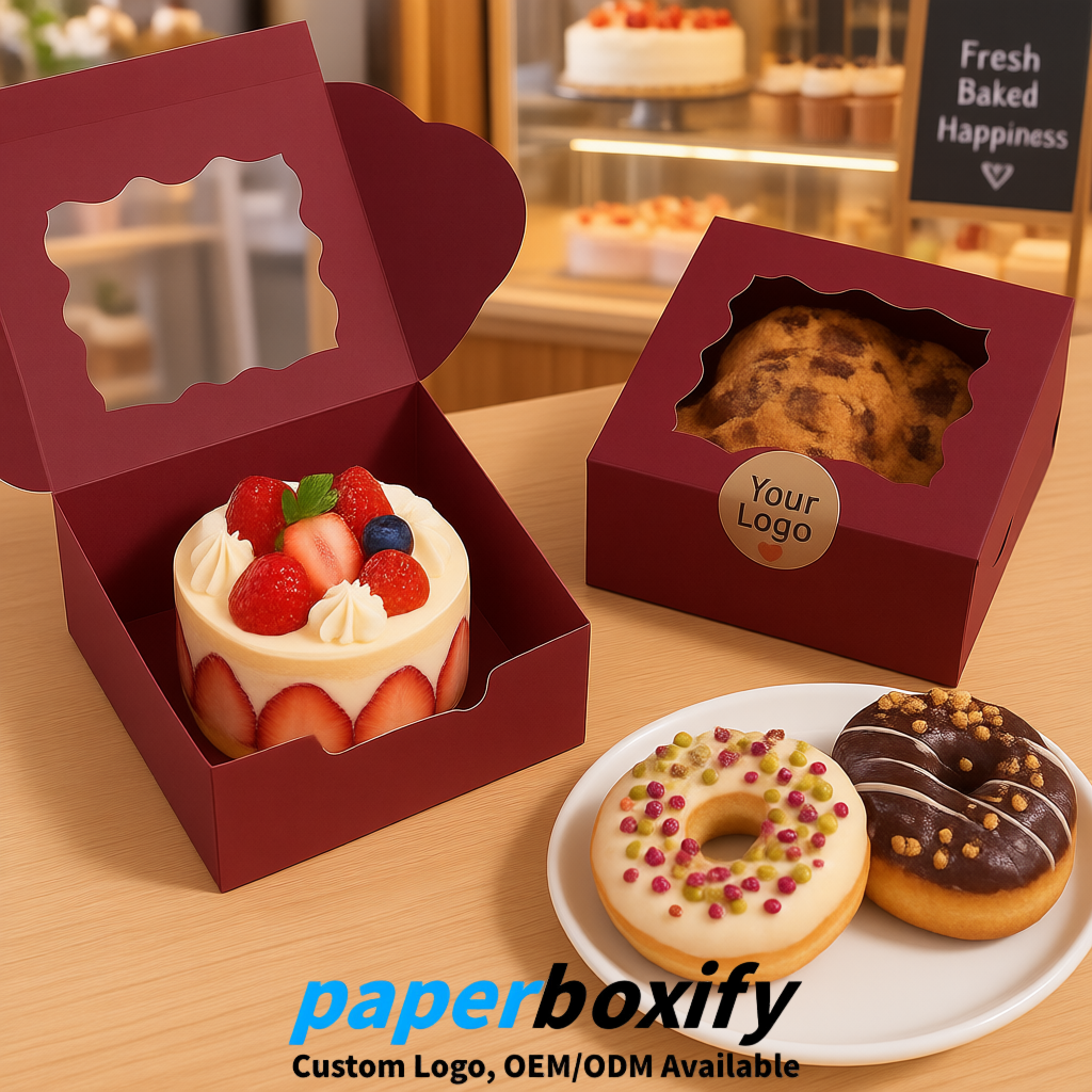 Maroon Paper Cookie Boxes with Window and Stickers 4x4x2.5 inch