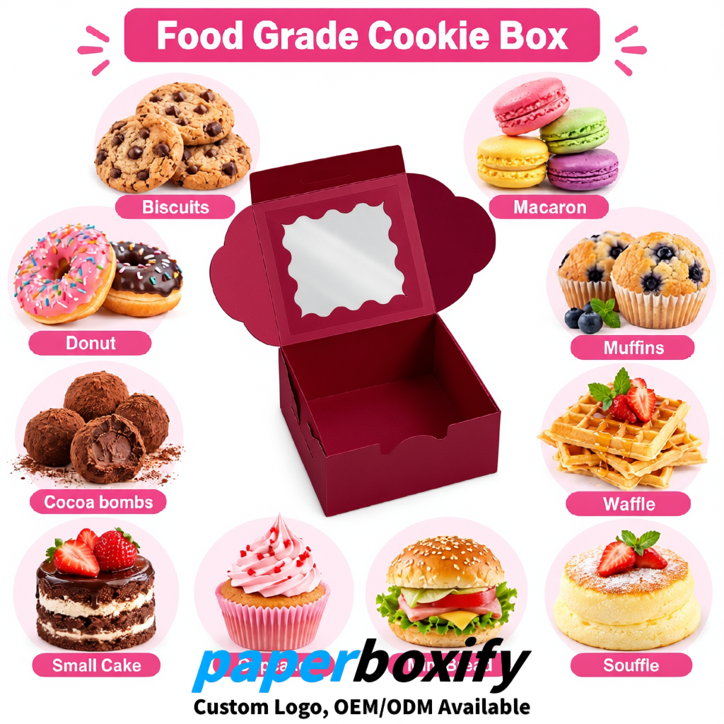 Maroon Paper Cookie Boxes with Window and Stickers 4x4x2.5 inch Maroon Paper Cookie Boxes with Window and Stickers 4x4x2.5 inch