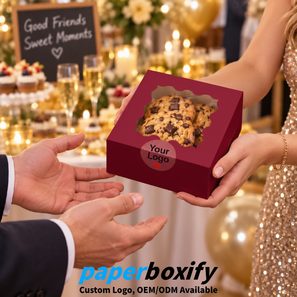 Maroon Paper Cookie Boxes with Window and Stickers 4x4x2.5 inch