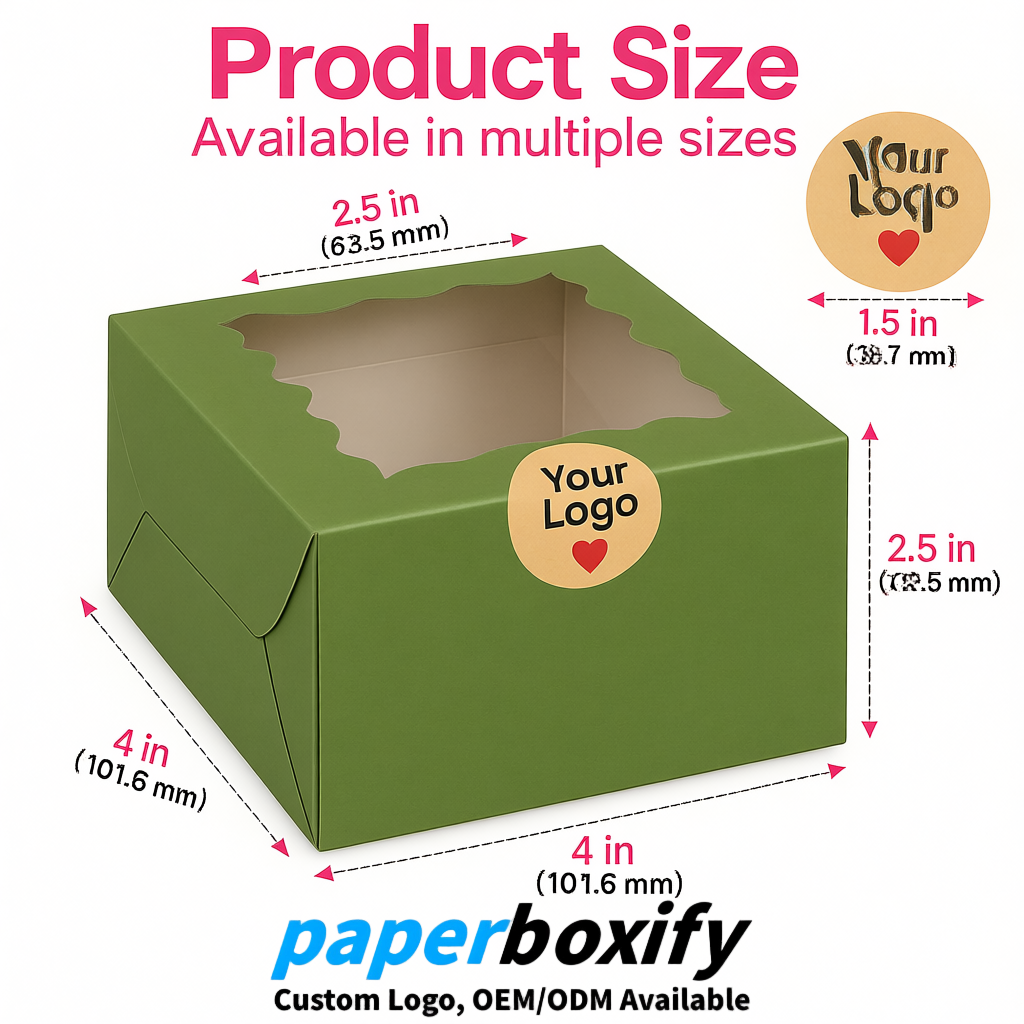 Matcha Green Paper Cookie Boxes with Window and Stickers 4x4x2.5 inch