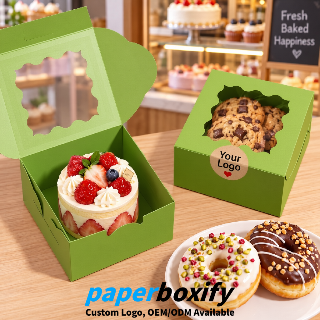 Matcha Green Paper Cookie Boxes with Window and Stickers 4x4x2.5 inch