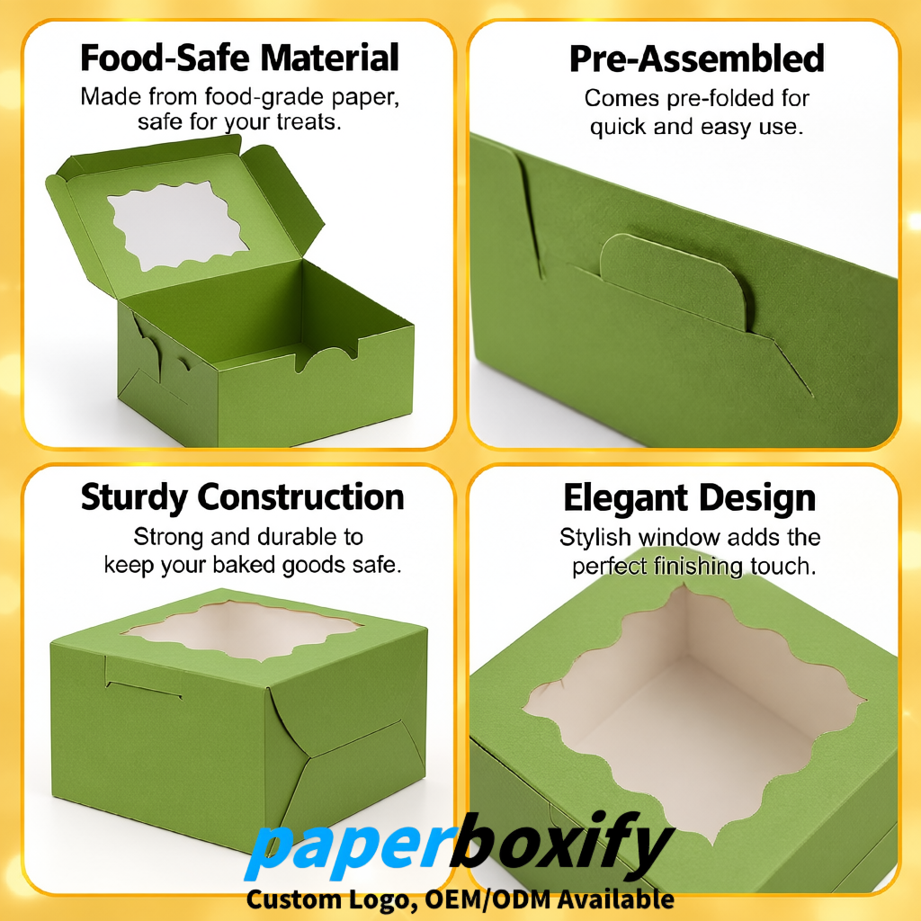Matcha Green Paper Cookie Boxes with Window and Stickers 4x4x2.5 inch