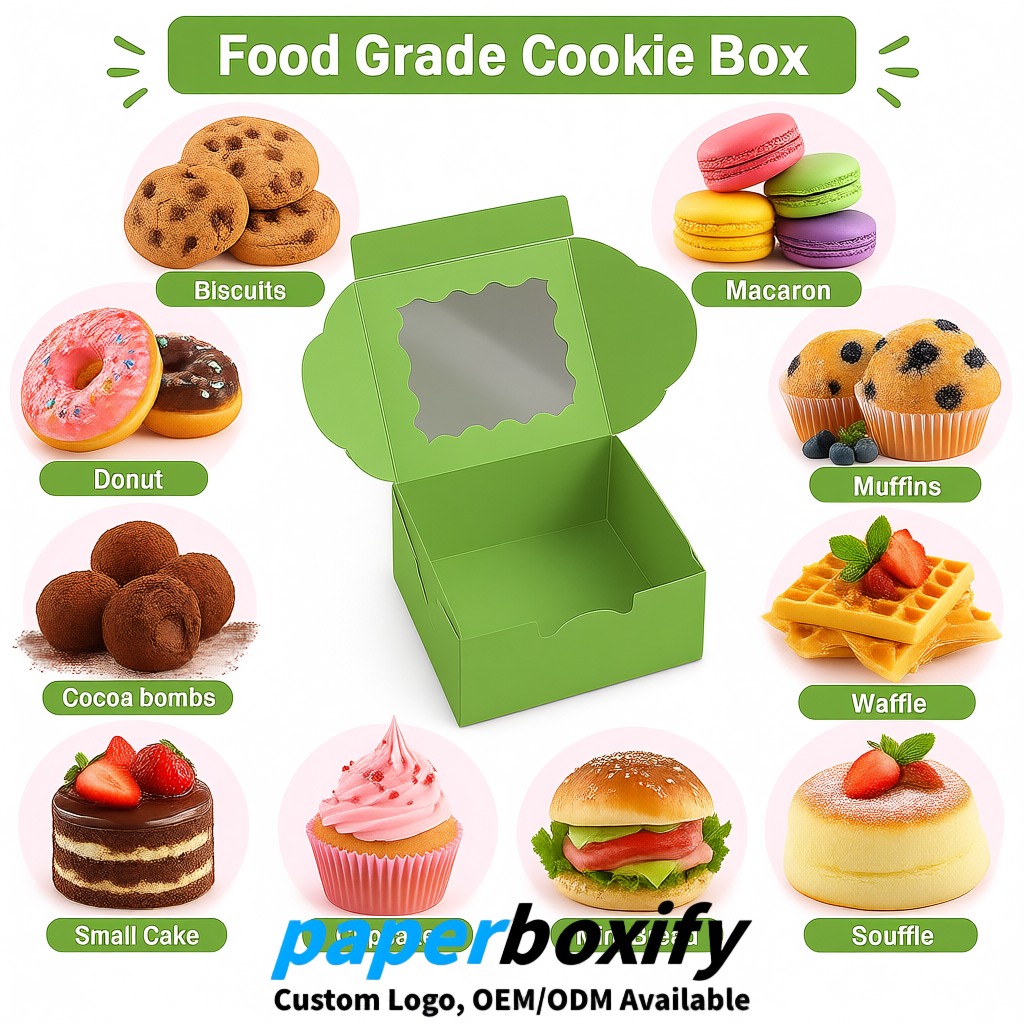 Matcha Green Paper Cookie Boxes with Window and Stickers 4x4x2.5 inch