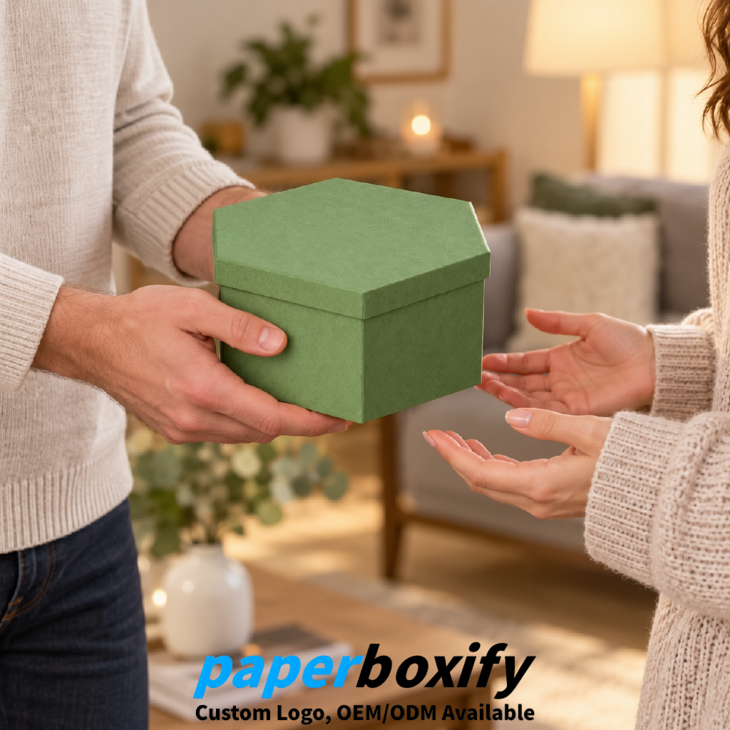 Matcha Green Paper Hexagon Box with Lid - Biodegrade Paper Mache Gift Boxes Manufacturer