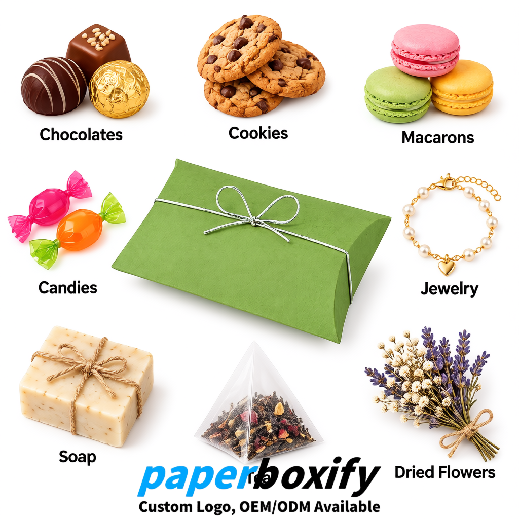 Bulk Matcha Green Kraft Pillow Gift Boxes with Ties 4.7x3x1 inch for Candy & Favors