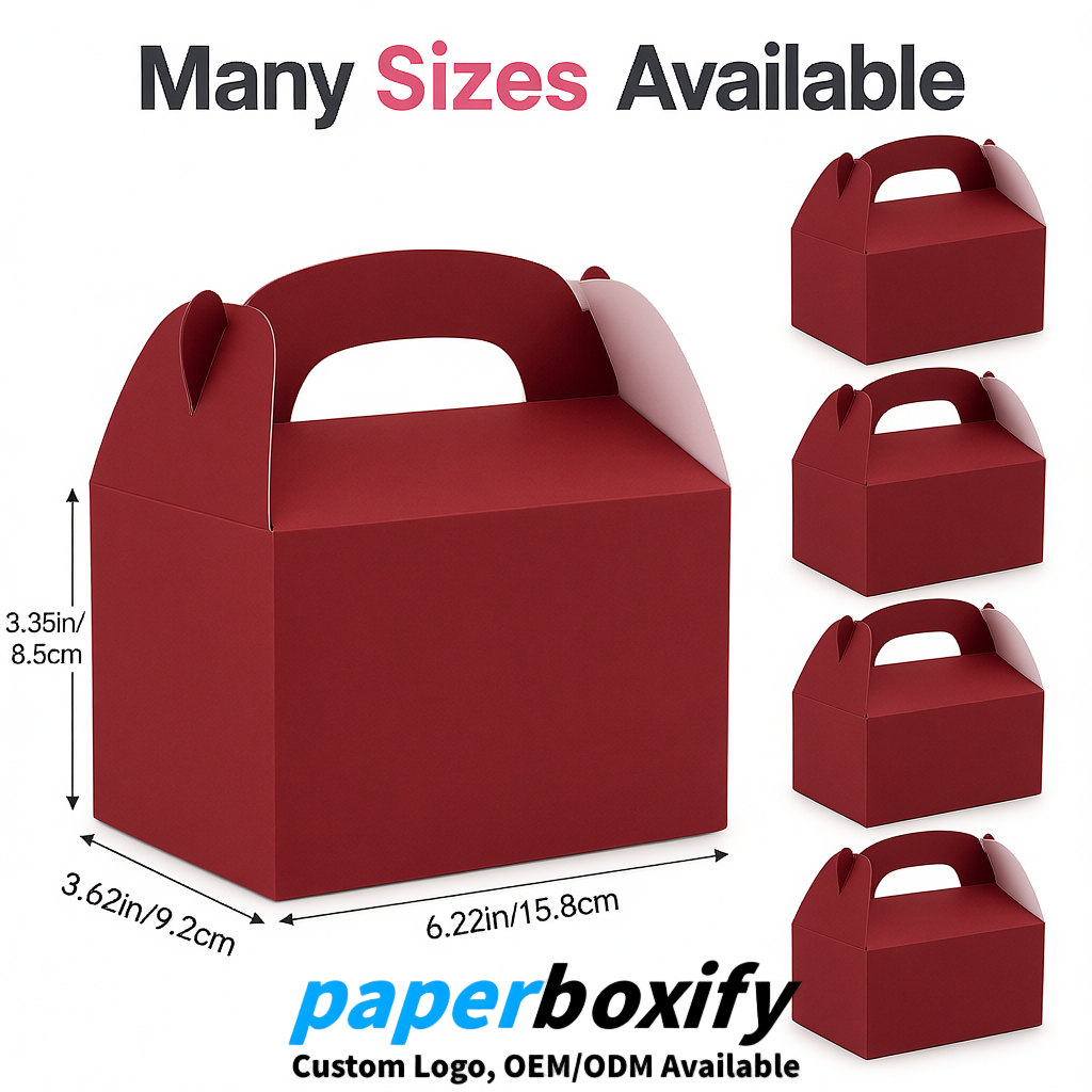 Matte Red Gable Boxes with Handles 6.22x3.35x3.62 inch Kraft Paper Party Favors Boxes in Bulk