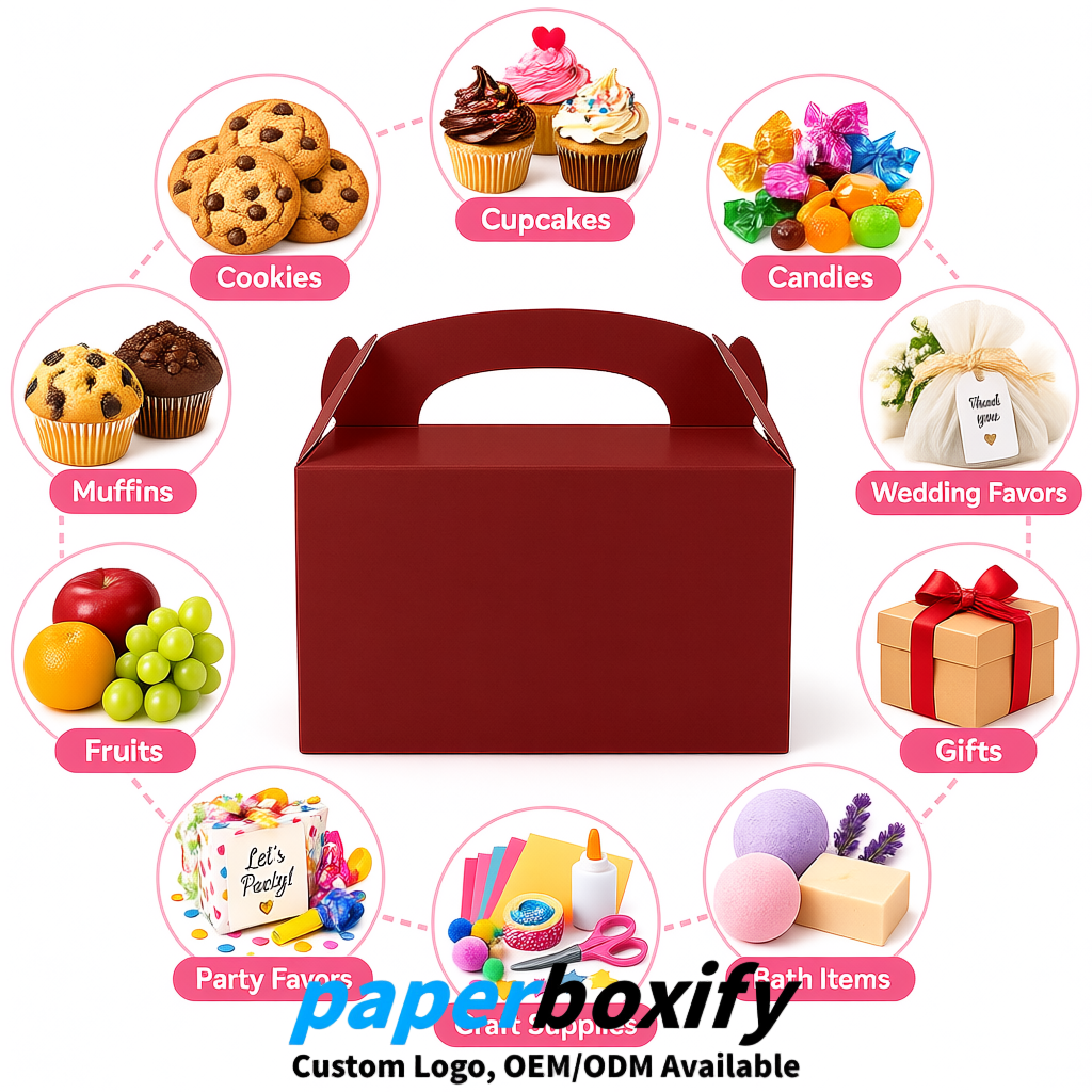 Matte Red Gable Boxes with Handles 6.22x3.35x3.62 inch Kraft Paper Party Favors Boxes in Bulk