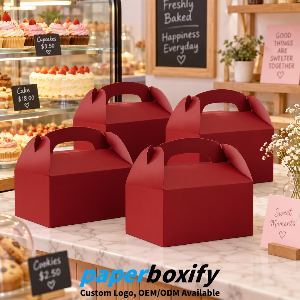 Matte Red Gable Boxes with Handles 6.22x3.35x3.62 inch Kraft Paper Party Favors Boxes in Bulk