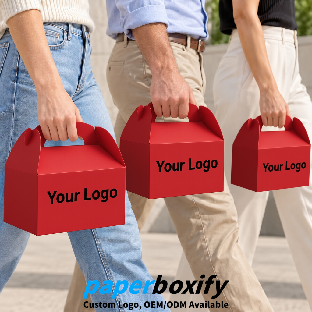 Matte Red Gable Boxes with Handles 6.22x3.35x3.62 inch Kraft Paper Party Favors Boxes in Bulk
