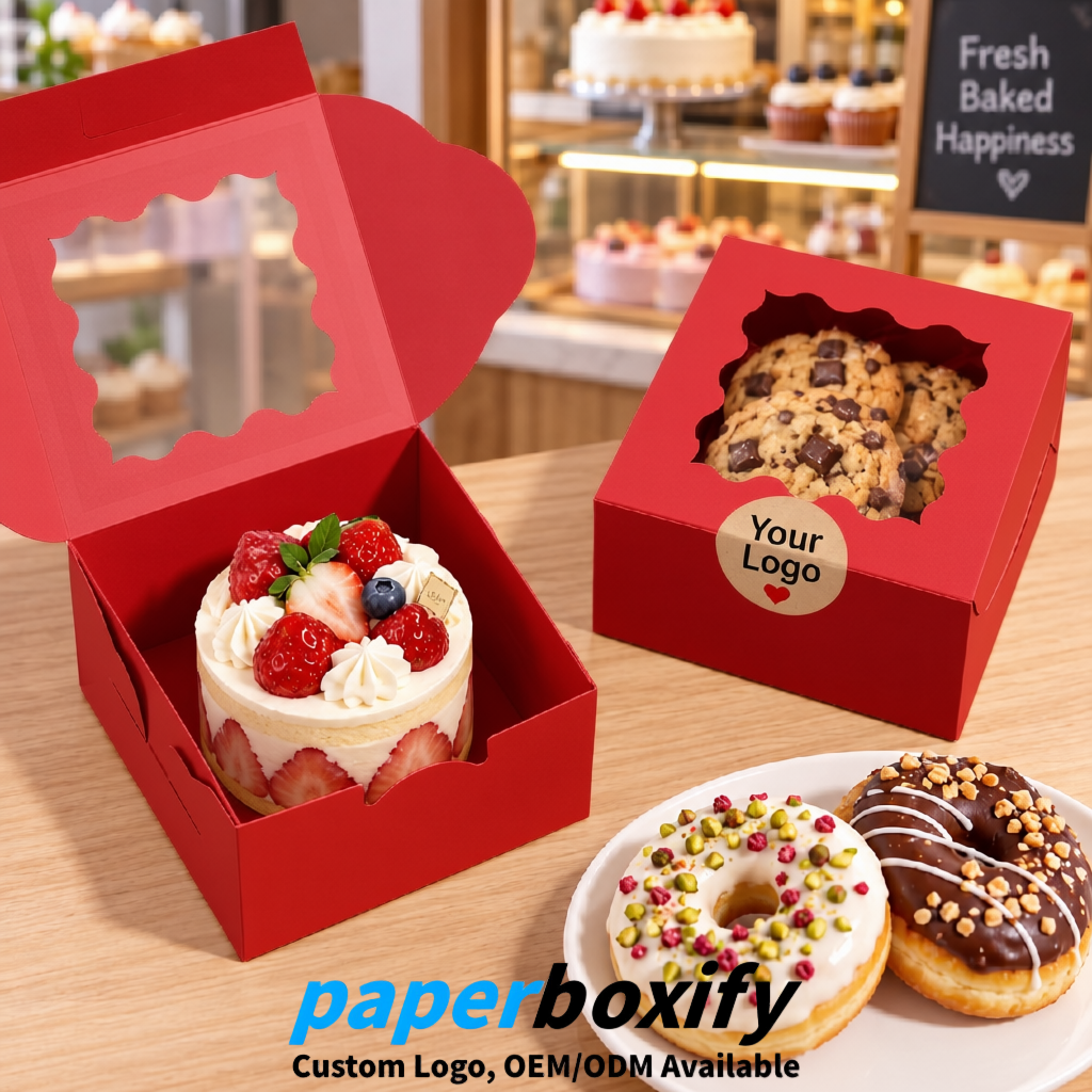 Matte Red Paper Cookie Boxes with Window and Stickers 4x4x2.5 inch