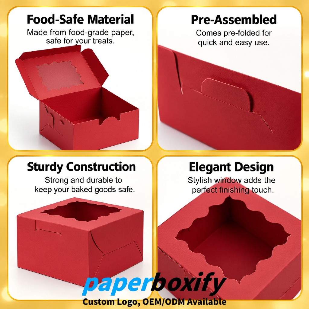 Matte Red Paper Cookie Boxes with Window and Stickers 4x4x2.5 inch