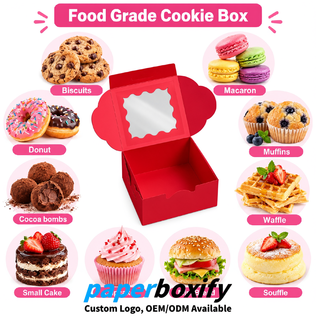 Matte Red Paper Cookie Boxes with Window and Stickers 4x4x2.5 inch