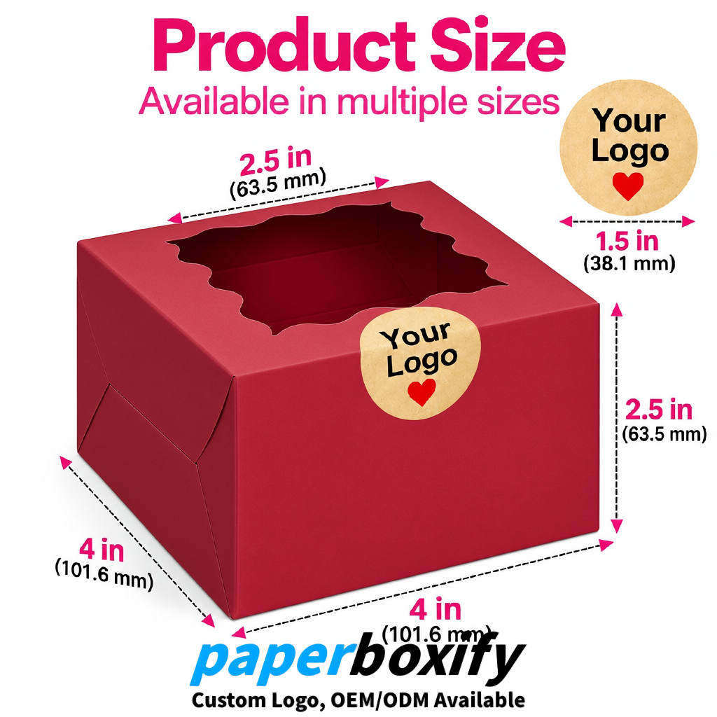 Matte Red Paper Cookie Boxes with Window and Stickers 4x4x2.5 inch