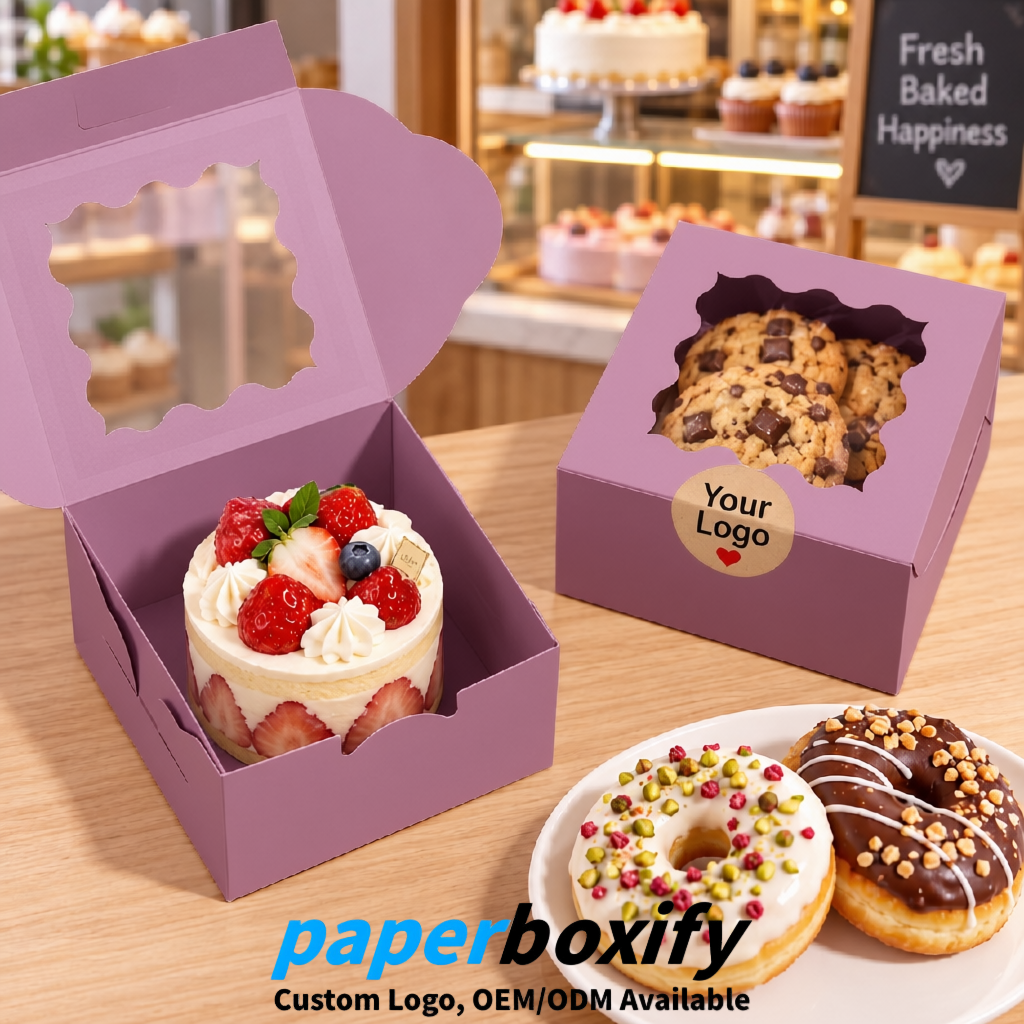 Mauve Paper Cookie Boxes with Window and Stickers 4x4x2.5 inch