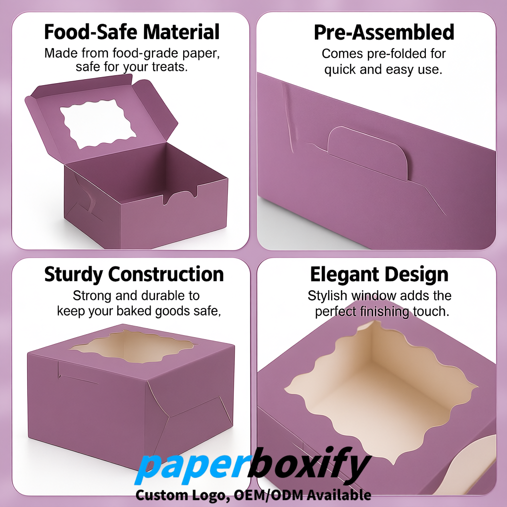 Mauve Paper Cookie Boxes with Window and Stickers 4x4x2.5 inch