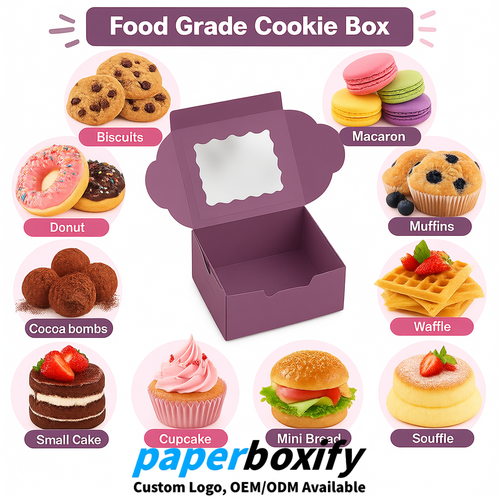Mauve Paper Cookie Boxes with Window and Stickers 4x4x2.5 inch