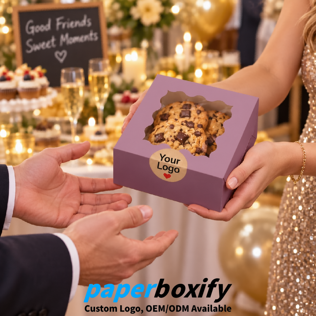 Mauve Paper Cookie Boxes with Window and Stickers 4x4x2.5 inch