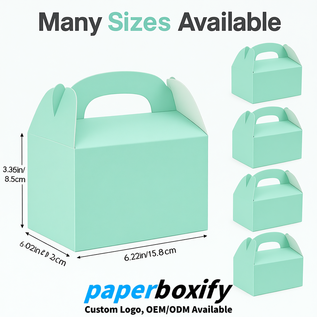 Mint Green Gable Boxes with Handles 6.22x3.35x3.62 inch Kraft Paper Party Favors Boxes in Bulk