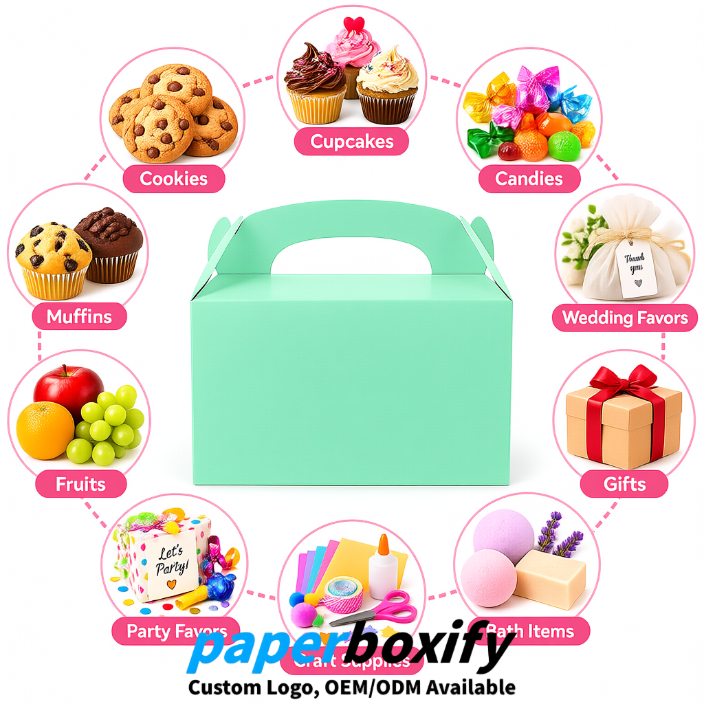 Mint Green Gable Boxes with Handles 6.22x3.35x3.62 inch Kraft Paper Party Favors Boxes in Bulk