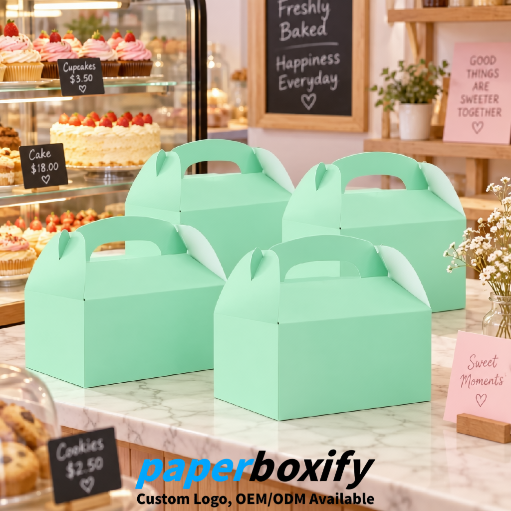 Mint Green Gable Boxes with Handles 6.22x3.35x3.62 inch Kraft Paper Party Favors Boxes in Bulk