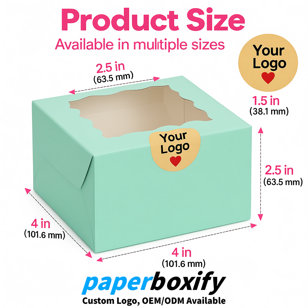 Mint Green Paper Cookie Boxes with Window and Stickers 4x4x2.5 inch