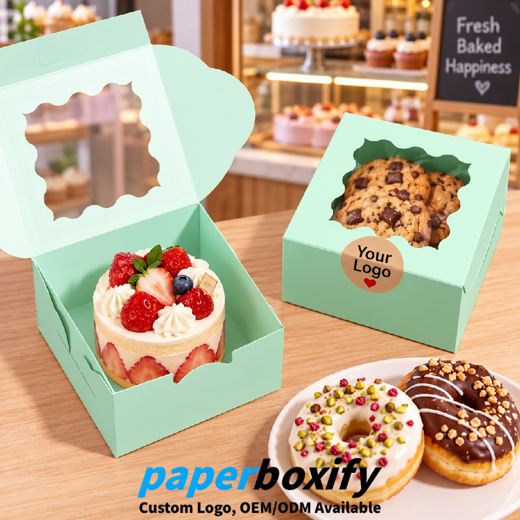 Mint Green Paper Cookie Boxes with Window and Stickers 4x4x2.5 inch