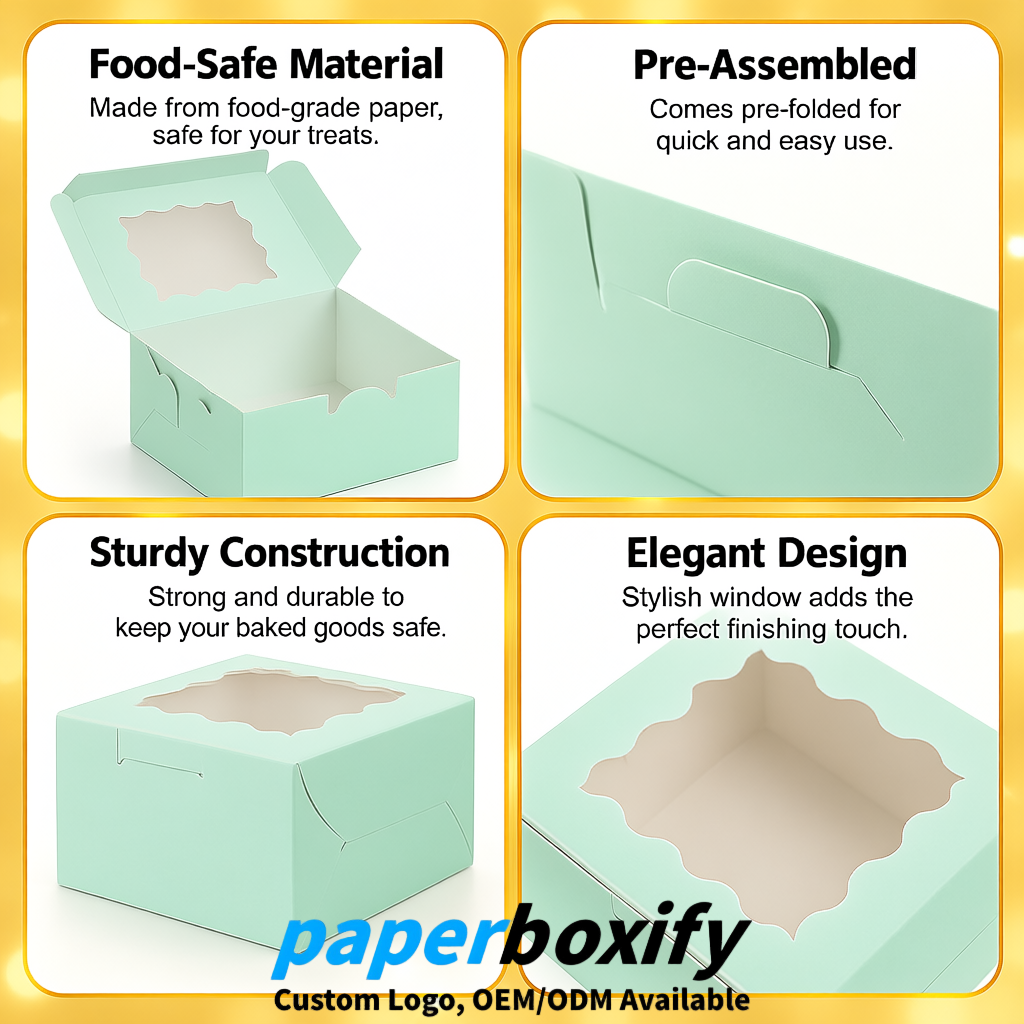 Mint Green Paper Cookie Boxes with Window and Stickers 4x4x2.5 inch